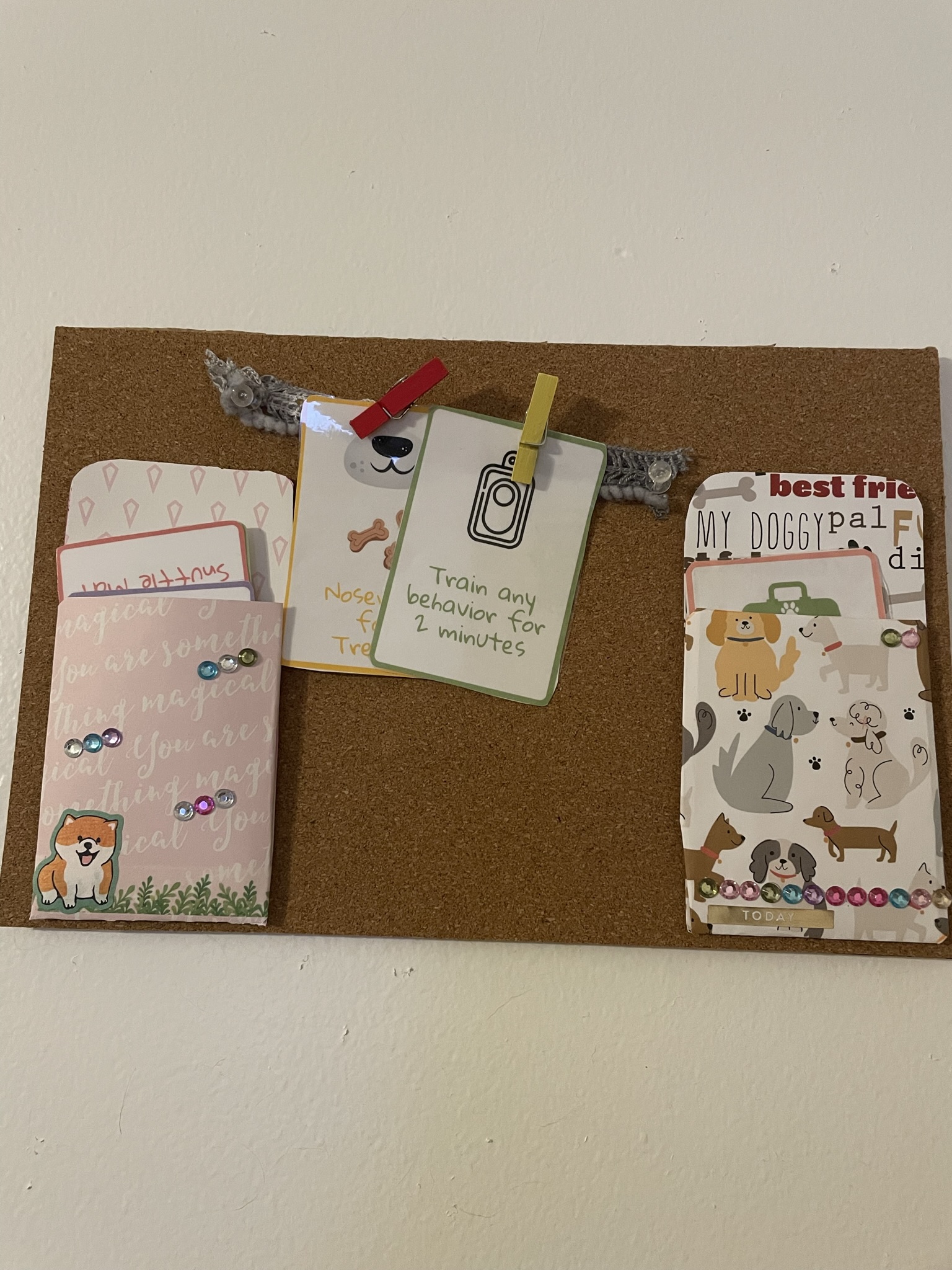 A cork board with two library style envelopes made of scrapbook paper stuck on. Between the envelopes is a grey piece of yarn with two cards clipped to it. One says train any behavior for two minutes with a clipart image of a clicker. The other says nosework for treats with a dog nose image on it.